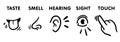 Five senses icon set, funny hand-drawn educational vector illustrations for kids: 5 feelings of human