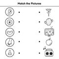 Five senses matching game for kids. Match the pictures activity page Royalty Free Stock Photo