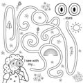 Five senses maze game for kids. I can see with my eyes black and white labyrinth activity page