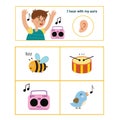 Five senses poster. Hearing sense presentation page for kids Royalty Free Stock Photo