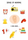 Five senses poster. Sense of hearing. Worksheet for kids. Royalty Free Stock Photo