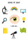 Five senses poster. Sense of sight. Worksheet for kids. Royalty Free Stock Photo