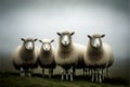 Five sheep lined up in a field on a misty day. Generative AI