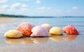 Five shells resting on the sand close to the water's edge. Royalty Free Stock Photo