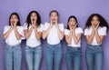 Five Shocked Multiracial Women Touching Face Posing Over Purple Background Royalty Free Stock Photo