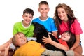 Five siblings with black dog Royalty Free Stock Photo