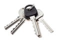 five simple silver metal mechanical keys with ring isolated on white background, neural network generated image