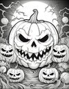 Five sinister pumpkins on the background of the moon, Halloween black and white picture coloring book Royalty Free Stock Photo