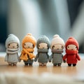 Five small knitted dolls are standing in a row, AI