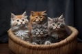 Five small multicolored cats kittens sit in a fur brown pet basket Generative AI.