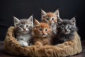 Five small multicolored cats kittens sit in a fur brown pet basket Generative AI.