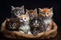 Five small multicolored cats kittens sit in a fur brown pet basket Generative AI.