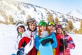 Five smiling friends with snowboards Royalty Free Stock Photo