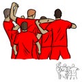 Five soccer players celebrating after shooting goal vector illus