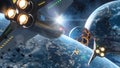 Five space ships flying to the collapsing planet. Elements of this image furnished by NASA