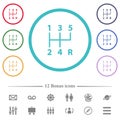 Five speed manual gear shift flat color icons in circle shape outlines