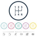 Five speed manual gear shift flat color icons in round outlines