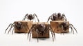 Five Dark Brown Silken Spiders On Wooden Blocks: Concept Art Inspired By Dan Witz