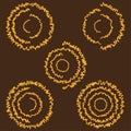 Five spiral pattern. Orange scribble line. Abstract rotation Vector shape. Dark brown background. Royalty Free Stock Photo
