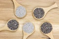 Five spoons filled with chia seeds