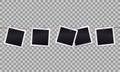 Five square photorealistic blank retro photo frames attached metal paper clips on tape. Template for design. Vector illustration Royalty Free Stock Photo