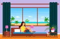 Five-star hotel room with panoramic window overlooking the beach. A young girl is sitting on a bed with a laptop. The concept of Royalty Free Stock Photo