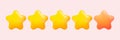 Five 5 star rank sign. Four gold stars from five. 3d Glossy golden stars sticker icon rating isolated on pink background. Service