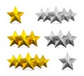 Five star rating. Different rows of one, three and five stars. Gold embossed and silver stars on white. Royalty Free Stock Photo