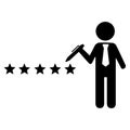 Five star rating. Hotel rating simple isolated logo symbol. Businessman pointing at five star. 5 star rating vector