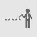 Five star rating. Hotel rating simple isolated logo symbol. Businessman pointing at five star. 5 star rating vector