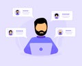 Five Star Rating. Men in computer concept. Feedback users online review. Vector illustration.