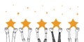 Five star rating positive feedback. doodle hands up. Happy satisfied people hands holding five gold star giving positive feedback.