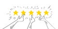 Five star rating positive feedback. doodle raise your hand. Hands of satisfied and happy people choose five gold stars that give p Royalty Free Stock Photo