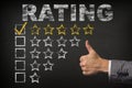 Five 5 Star Rating. thumbs up service golden rating stars on chalkboard Royalty Free Stock Photo