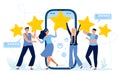 Five stars mobile app feedback. Customers satisfaction, clients leave five star rating and positive feedback flat vector