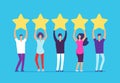 Five stars rating concept. Positive customer review feedback. People with gold stars in hands. Business vector Royalty Free Stock Photo