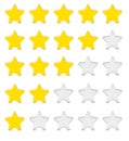 Five stars rating. Feedback, quality. Yellow stars isolated on w