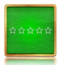 Five stars rating icon chalk board green square button slate texture wooden frame concept isolated on white background with shadow Royalty Free Stock Photo