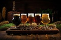 Five stemmed glasses with beer on a wooden table. Hop sprouts are scattered on the table. Generated by artificial Royalty Free Stock Photo