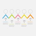 Five step Timeline Infographic. Colorful triangle corner roof shape segment. Dash line round circle.Template. Flat design. White b