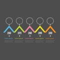 Five step Timeline Infographic. Dash line round circle. Colorful triangle corner roof shape segment. Template. Flat design. Black