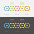 Five step Timeline Infographic set. Colorful polygon line segment. Text Template. Flat design. Black White background. Isolated. Royalty Free Stock Photo