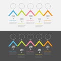 Five step Timeline Infographic set. Colorful triangle corner roof shape segment. Dash line round circle.Template. Flat design. Bla