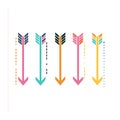 Five stylized arrows pointing downwards, vibrant colors, digital graphics, arrow has unique color