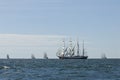 Five tall ships and horizon Royalty Free Stock Photo