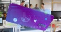 Five team members analyzing purple dashboard in glass-partitioned conference area, with chart icons Royalty Free Stock Photo