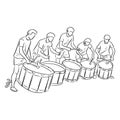 Five teenagers playing marching drum vector illustration sketch doodle hand drawn with black lines isolated on white background.