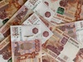 Five thousand banknotes in Russian rubles are spread out on the table Royalty Free Stock Photo
