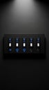 Five toggle switches on a sleek black panel feature illuminated blue LED indicators. Royalty Free Stock Photo