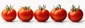 Five Tomatoes Lined Up In A Row On A White Background